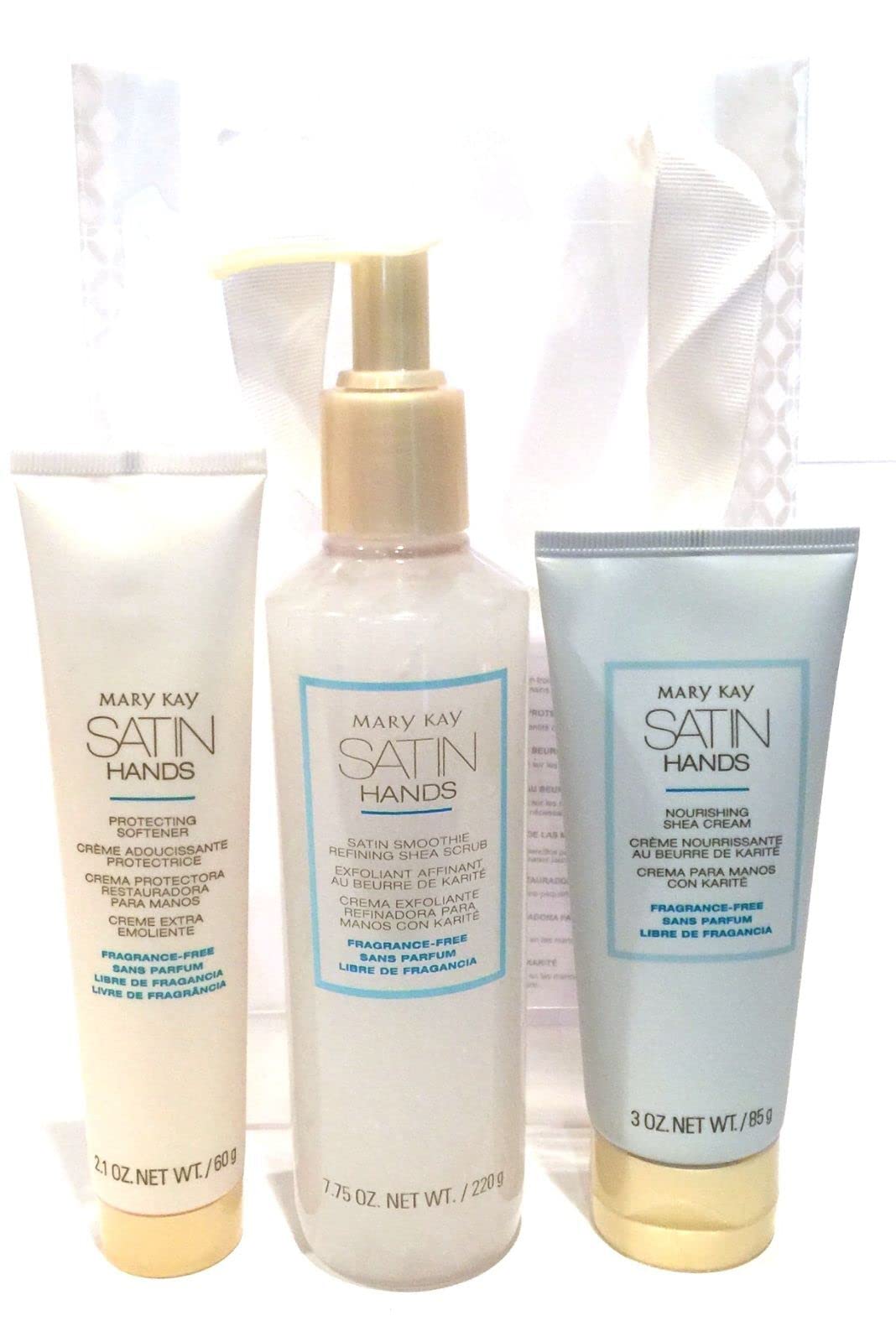 Mary Kay fragrance-free satin hands pampering set featuring softener, scrub, and cream for silky, nourished hands