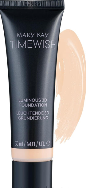 Mary Kay TimeWise Luminous 3D Foundation bottle shows a luminous, long-lasting finish.