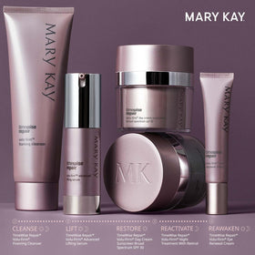Mary Kay TimeWise Repair Volu-Firm ingredients graphic highlighting peptides and plant stem cells.