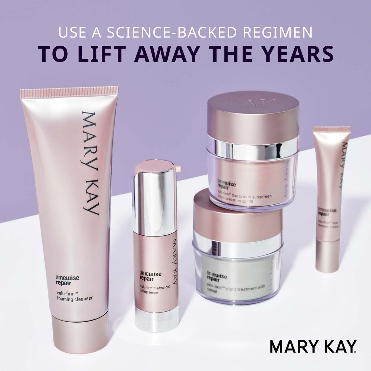 Mary Kay TimeWise Repair Volu-Firm trio on a clean vanity.