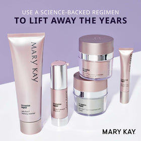 Mary Kay TimeWise Repair Volu-Firm trio on a clean vanity.