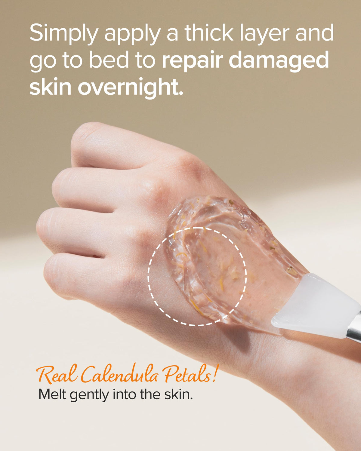 Mary&May 2200ppm calendula petals detail shows rich petal infusion for soothing care.