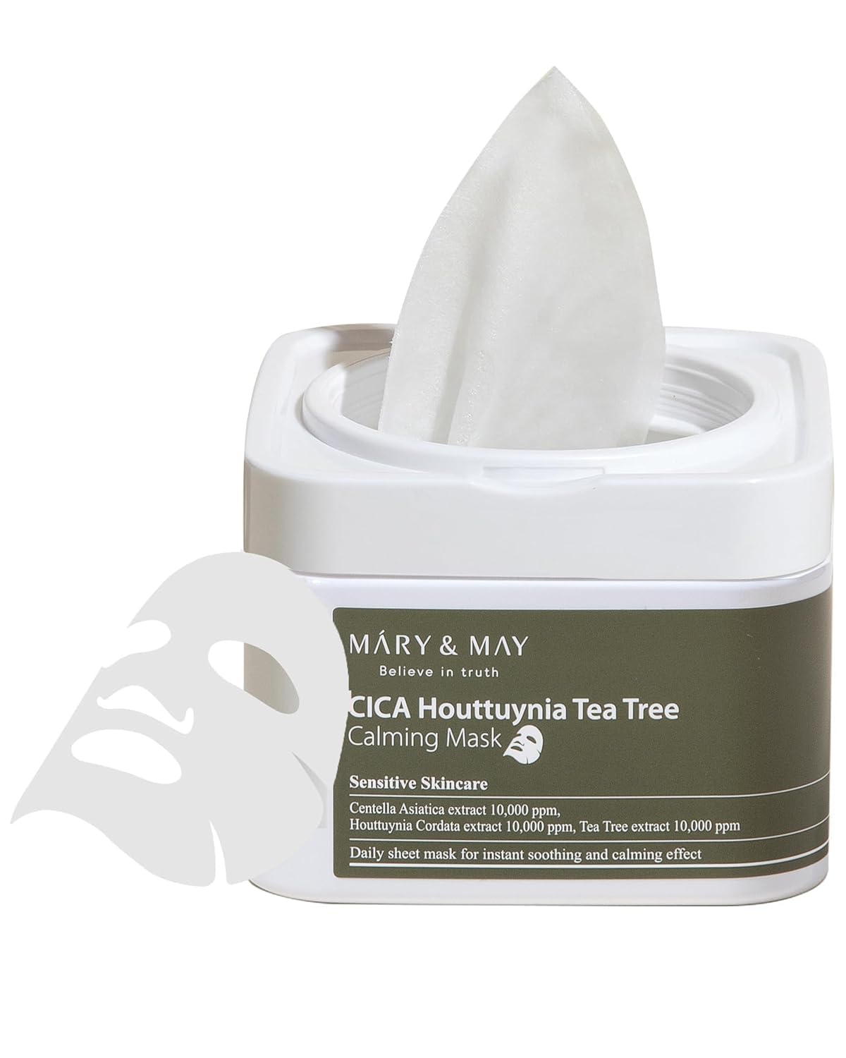 Mary&May CICA Houttuynia Tea Tree Calming Mask packaging shows eco-friendly, hygienic design.