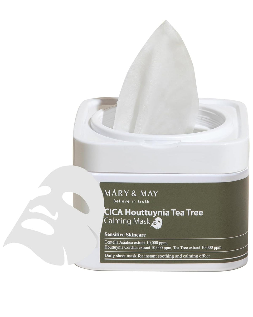 Mary&May CICA Houttuynia Tea Tree Calming Mask packaging shows eco-friendly, hygienic design.