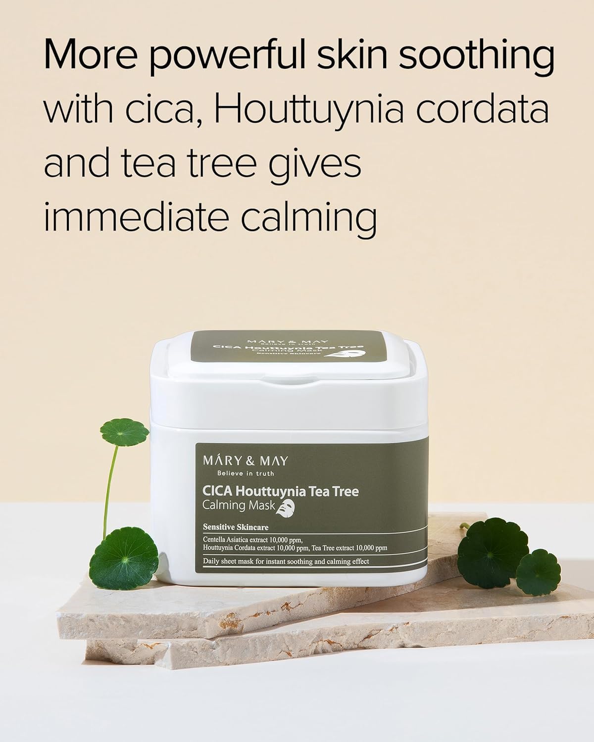 Close-up of cica and houttuynia ingredients for targeted soothing.