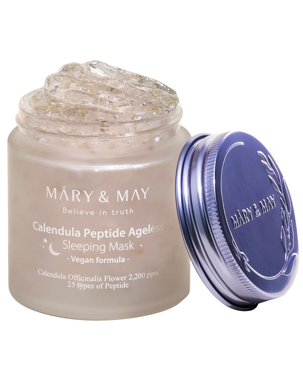 Mary&May vegan calendula sleeping mask jar highlights hydration and plant-based ingredients.
