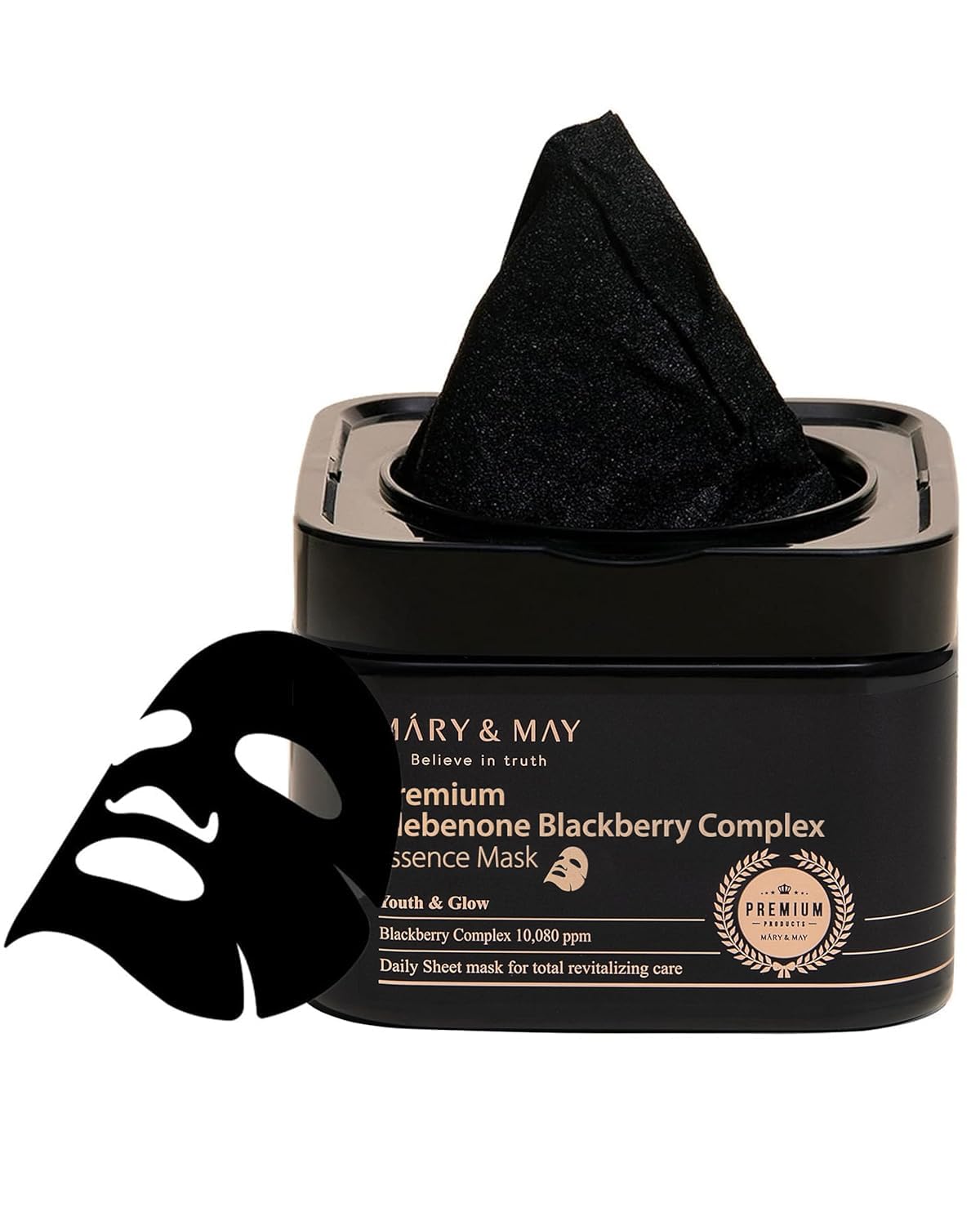 Mary&May premium Idebenone blackberry complex mask bamboo sheet enhances antioxidant radiance.