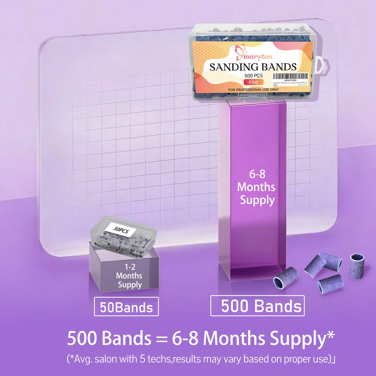 Maryton sanding bands provide vibration-free smoothing on acrylics, gels, and natural nails