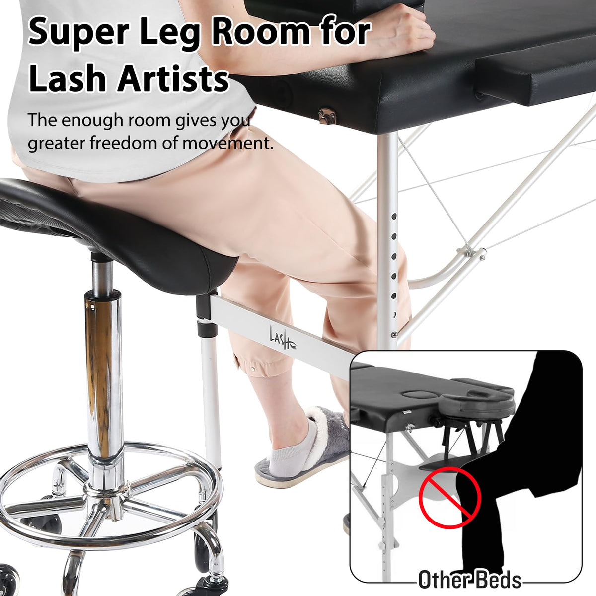 Masajeo lash bed showing ample leg room for the artist