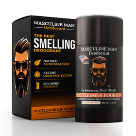 Masculine Man deodorant bottle packaging with bourbon-woody scent for daily wear.
