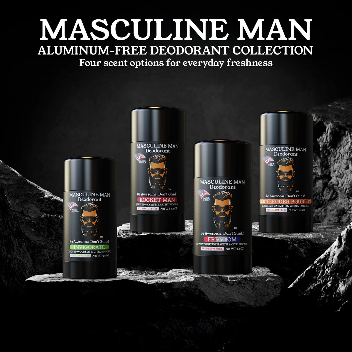 MASCULINE MAN on-shelf display showing 3.2oz sticks