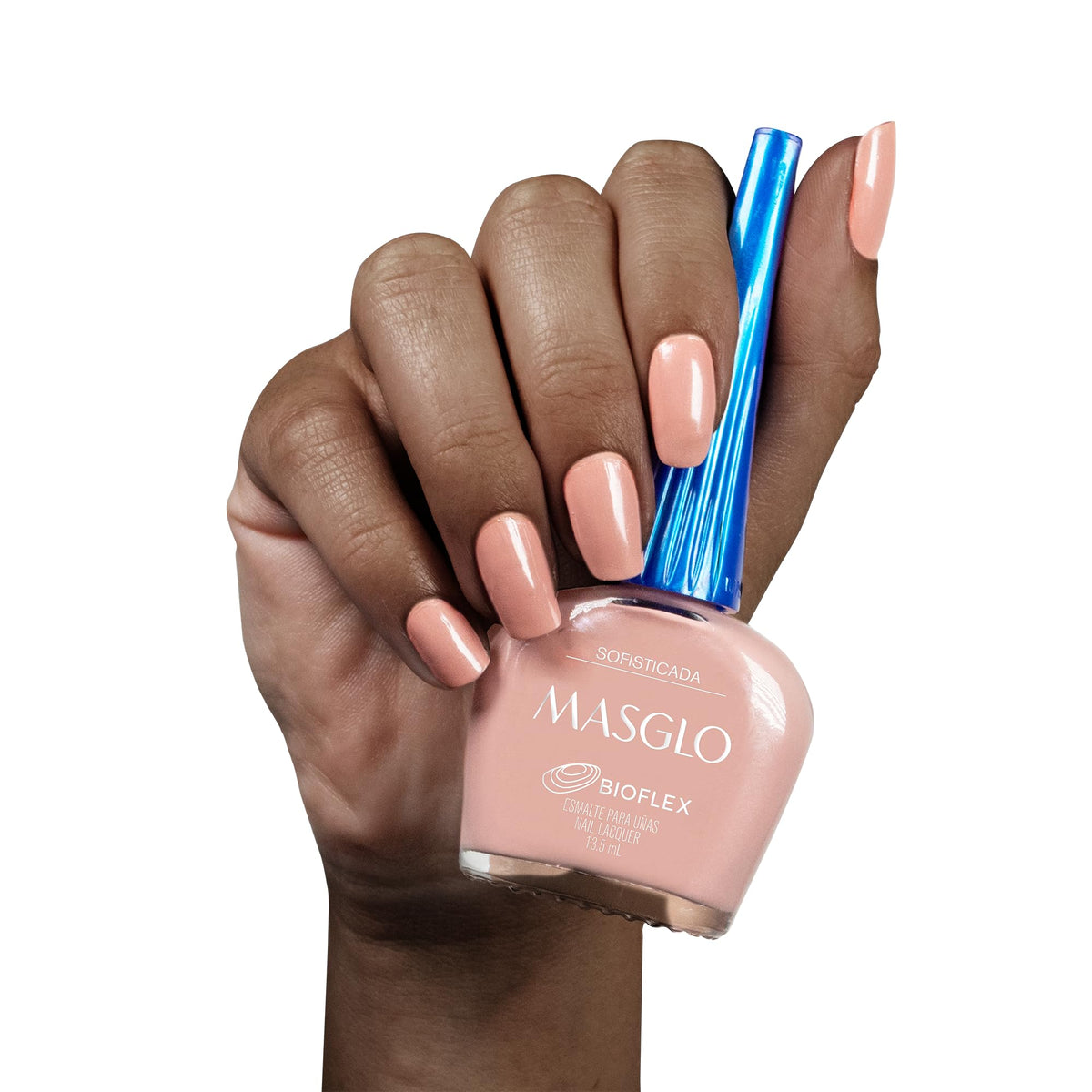 MasGlo Tradicional Virginal bottle, soft nude for versatile looks.