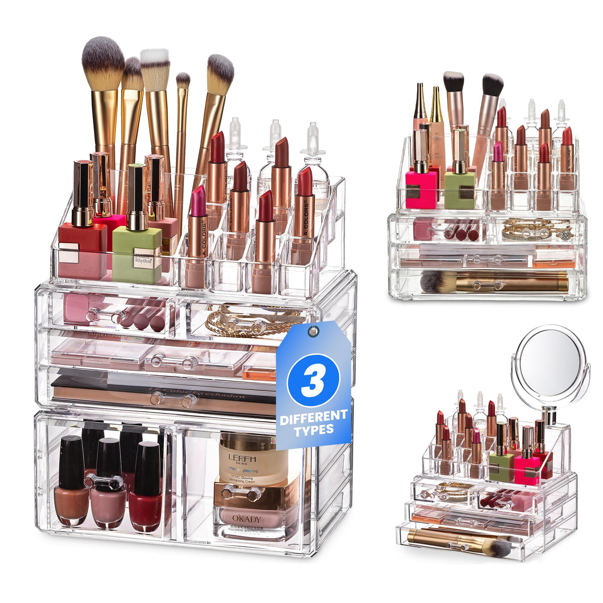 Masirs clear cosmetic storage organizer keeps brushes, jewelry, and makeup neatly separated