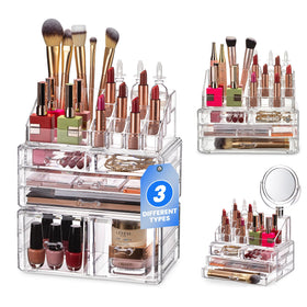 Masirs clear cosmetic storage organizer keeps brushes, jewelry, and makeup neatly separated