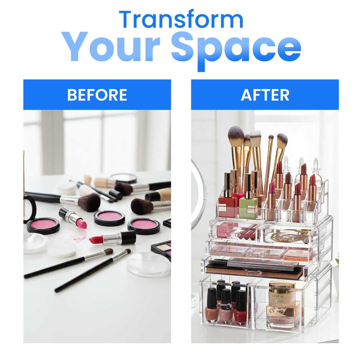 Masirs clear cosmetic storage organizer modular design for flexible stacking