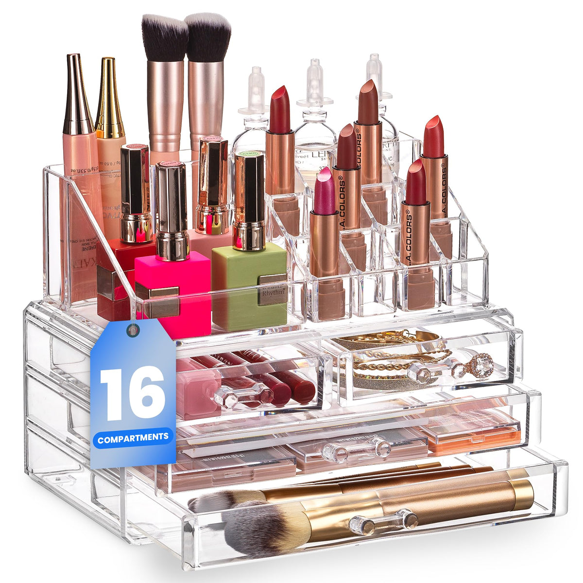 Masirs clear makeup organizer top compartments for quick access to cosmetics