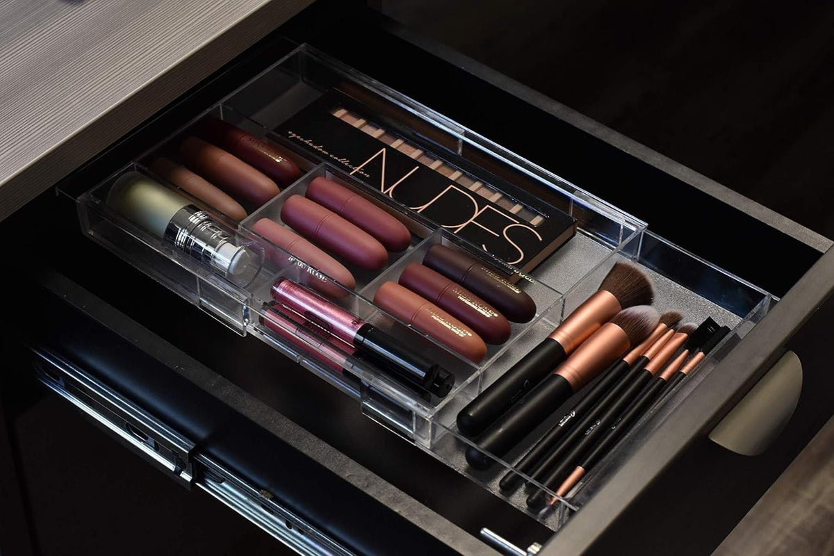 Masirs expandable drawer organizer clear plastic design improves product visibility