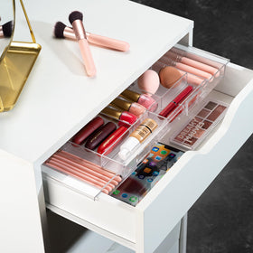 Masirs expandable drawer organizer compartments keeps cosmetics neatly sorted for quick access
