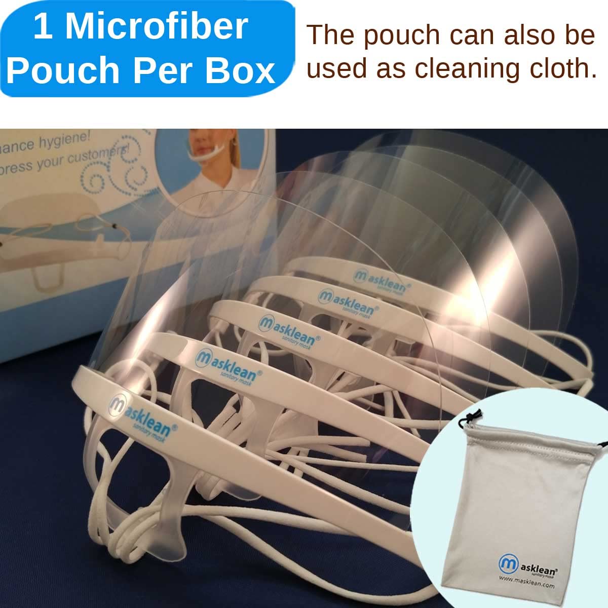 Masklean microfiber pouch for convenient storage and travel.