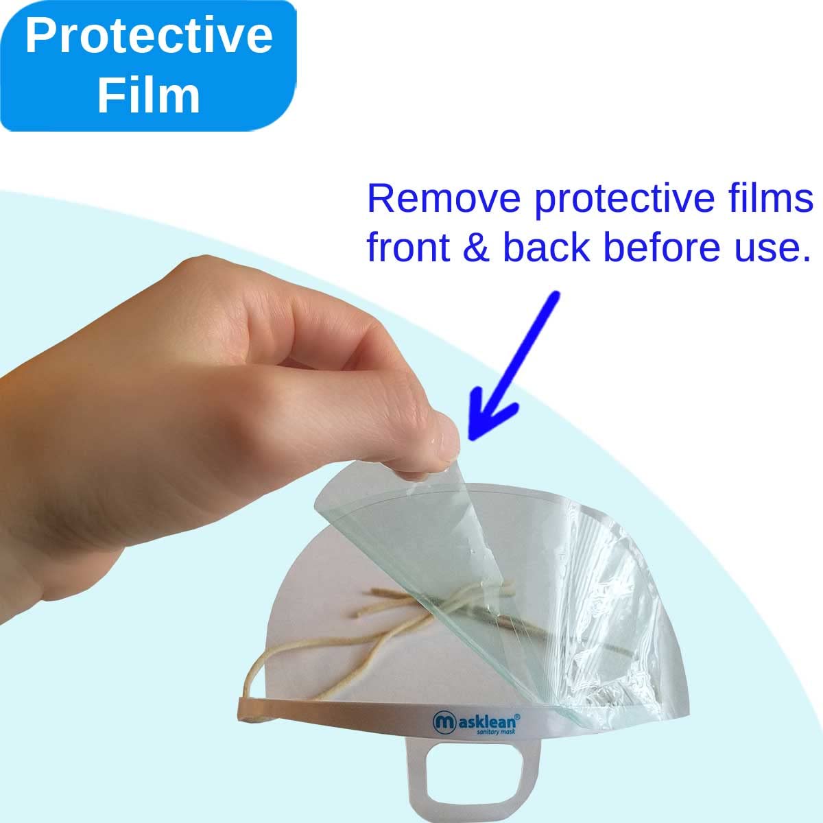 Masklean polycarbonate shield highlights safety materials and CPSIA compliance.