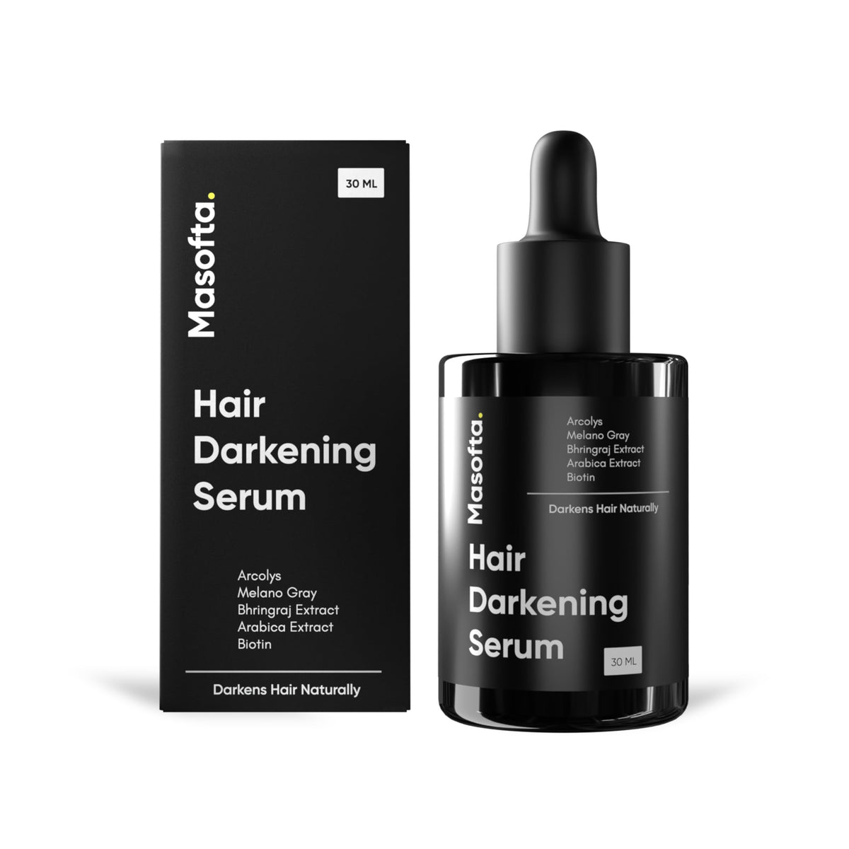Masofta Anti Gray Hair Serum bottle pouring demonstrates lightweight, fast-absorbing texture for hair care.