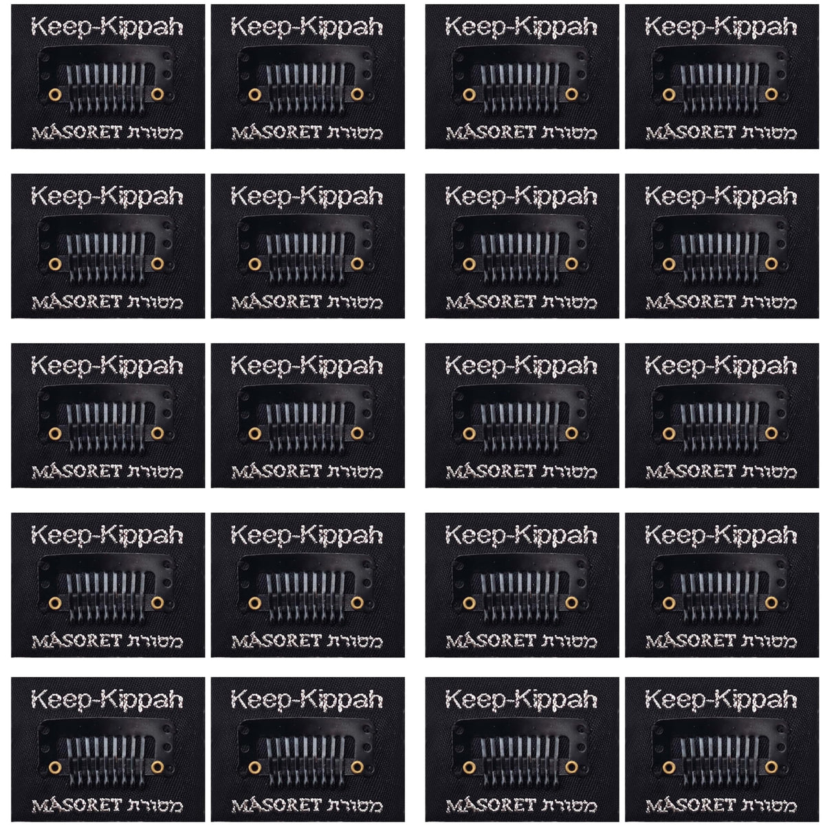 Masoret Keep-Kippah Clip Set packaging shows ten pairs for secure kippahs during ceremonies.