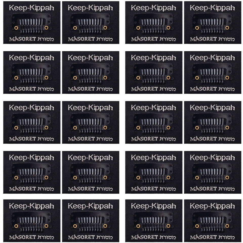 Masoret Keep-Kippah Clip Set packaging shows ten pairs for secure kippahs during ceremonies.