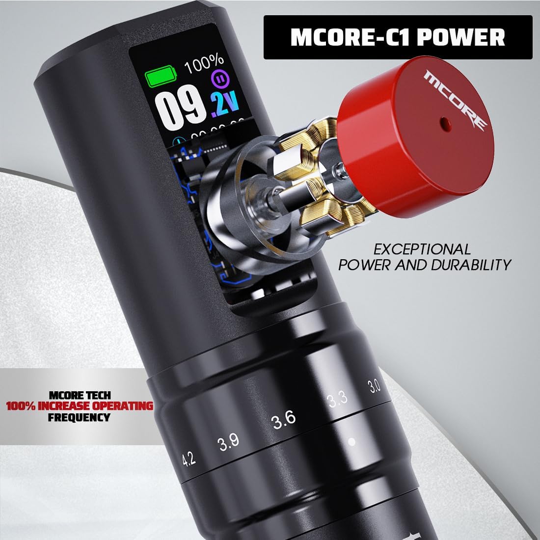 Adjustable stroke knob highlights seven length options for versatile lining and shading.