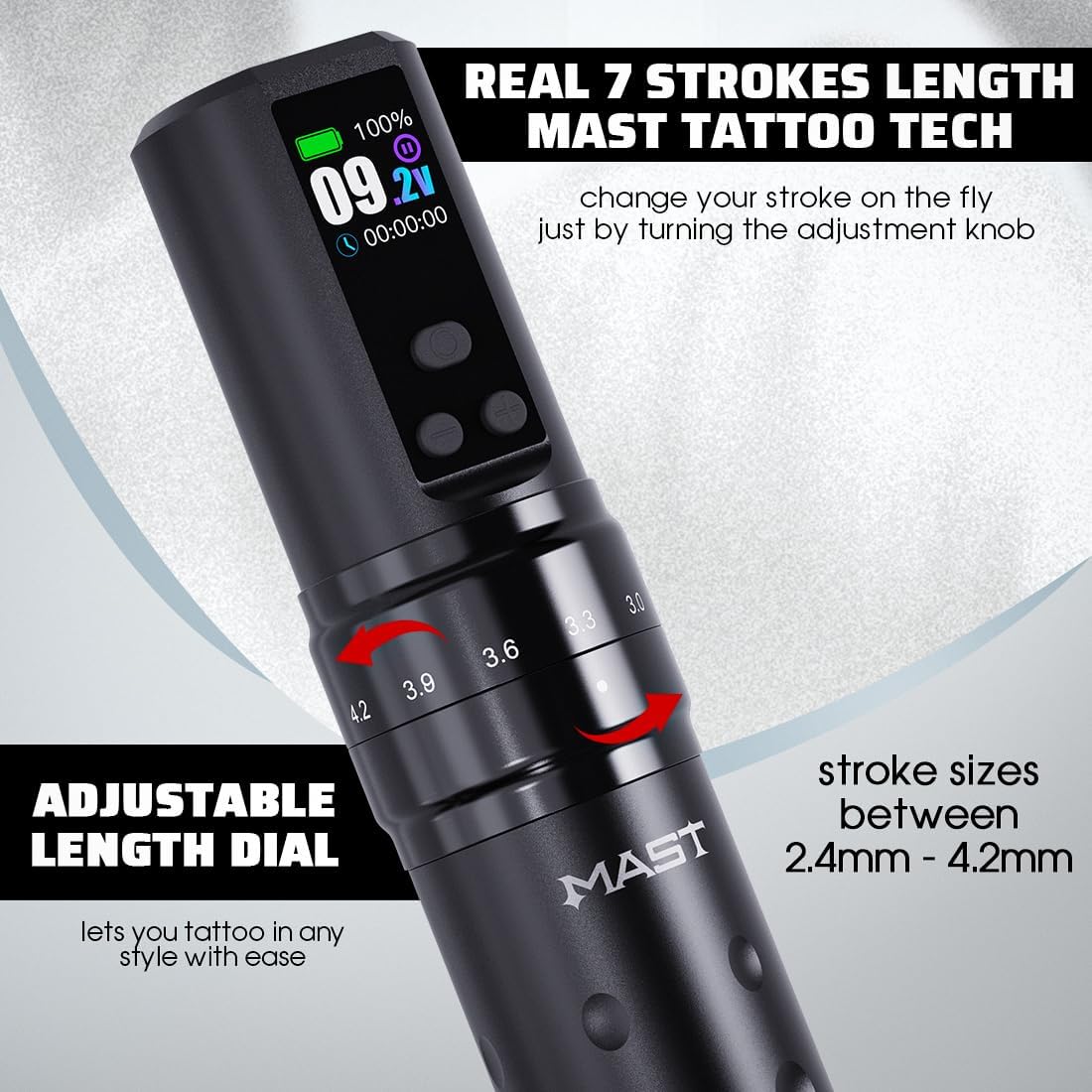 MAST TATTOO Fold2 Pro OLED display aids quick voltage checks on the side.