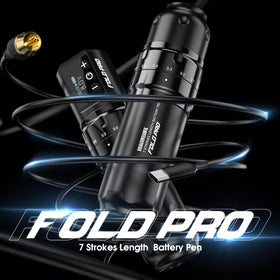 Fold Pro cordless design showcases two batteries for extended tattooing.