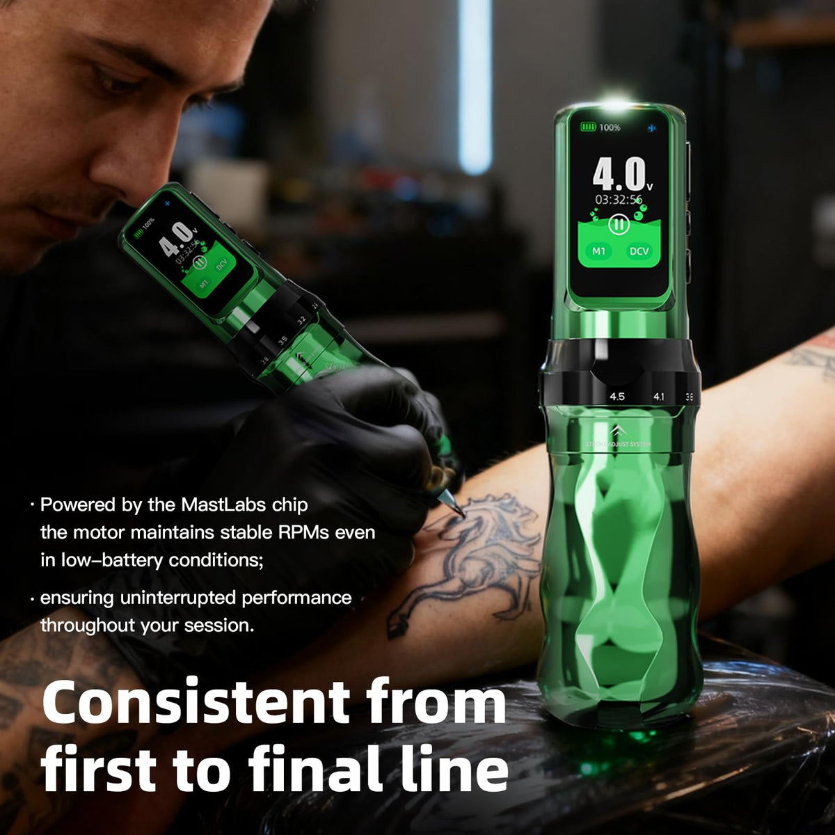 MAST TATTOO Fold Pro RCA backup adapter image ensures power continuity.