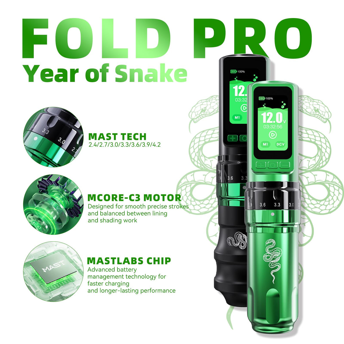 Mast Tattoo Fold Pro swappable battery enables uninterrupted sessions.