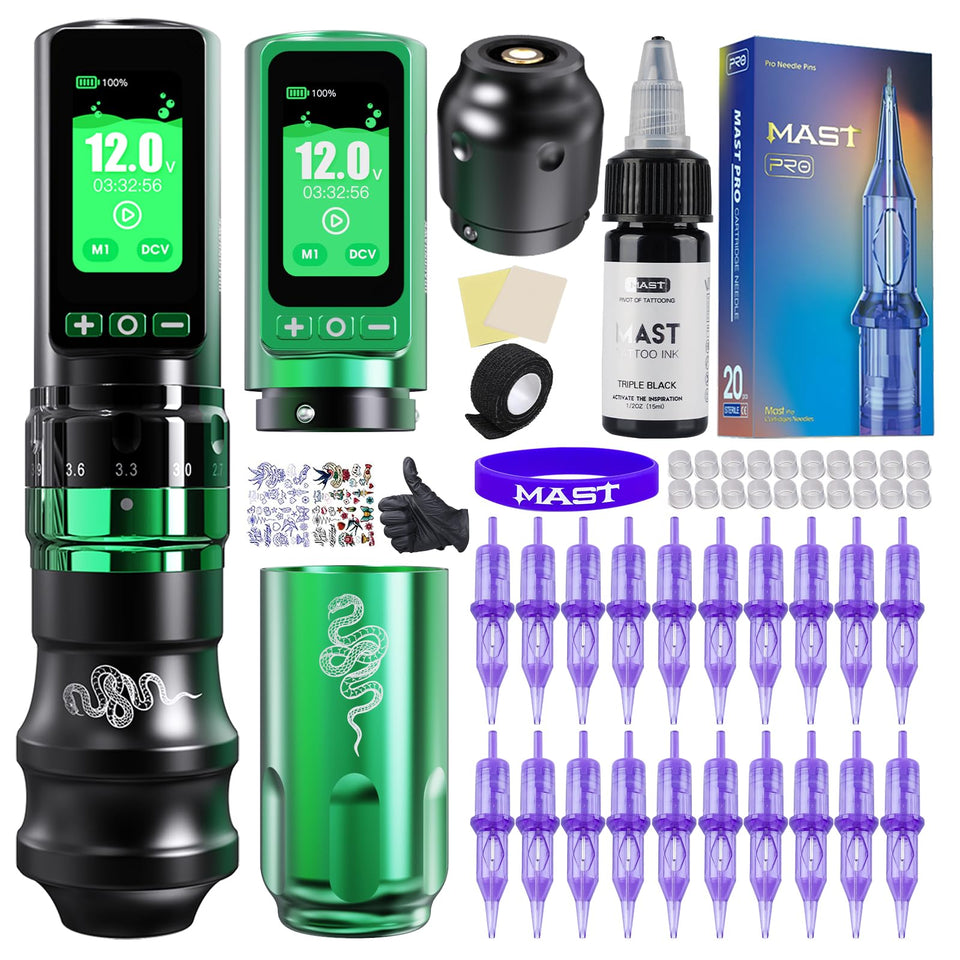 Mast Tattoo Fold Pro wireless pen front view for portable tattooing.