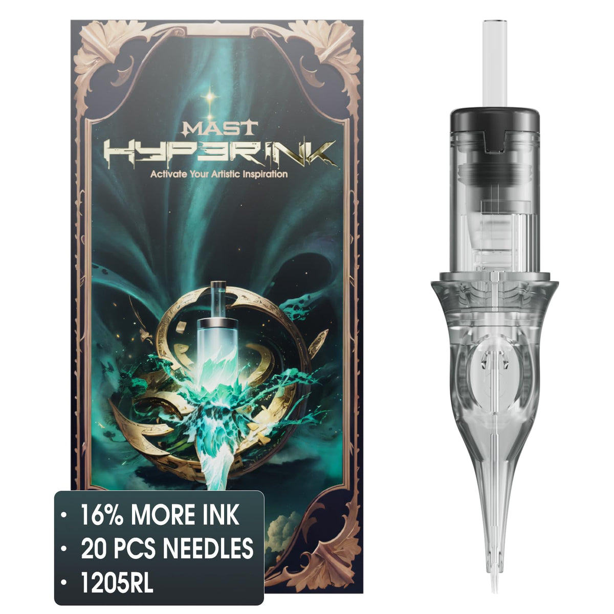 MAST TATTOO Hyperink 1205RL close-up shows durable needles for steady ink deposition.