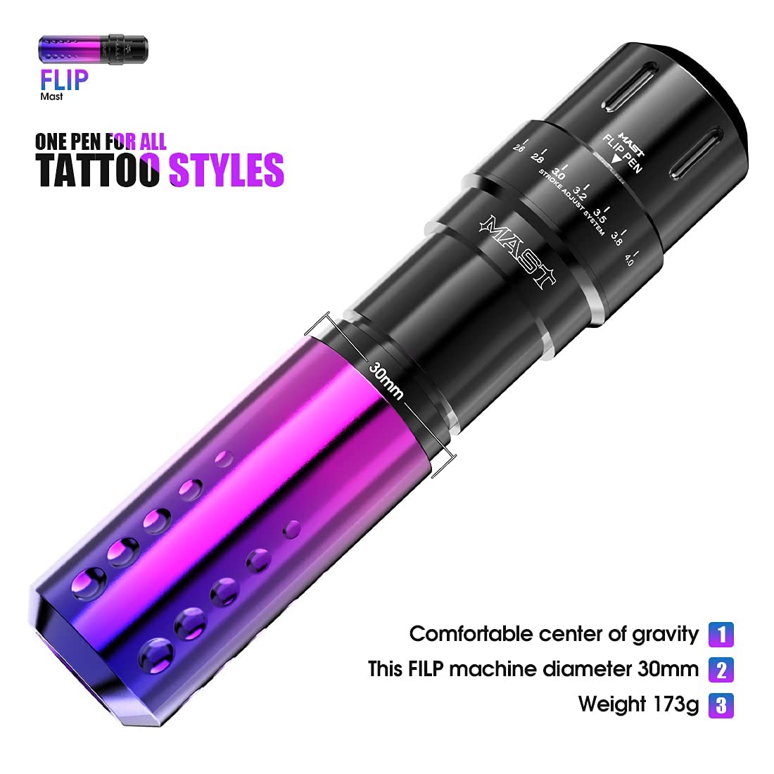 MAST TATTOO Mast Flip batteries enabling long sessions with quick swaps.