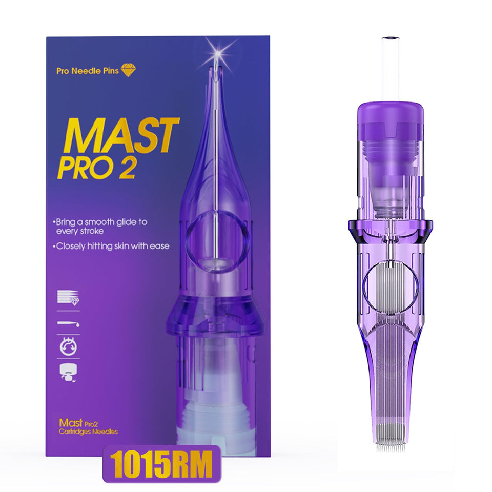 MAST TATTOO Pro2 1015RM pack display shows organized, ready-to-use cartridges for efficient sessions.