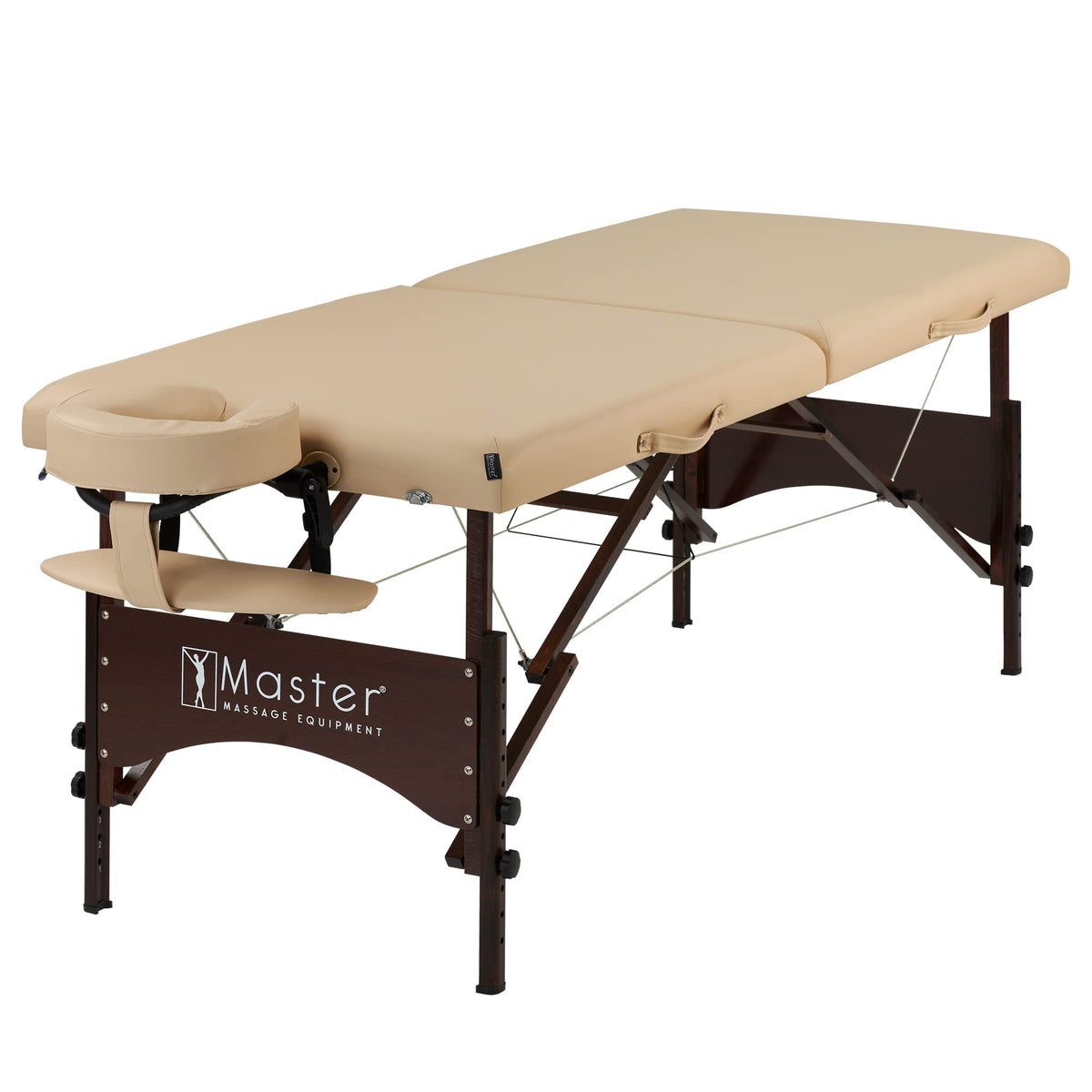 Master Massage Argo 28in table in cream upholstery with walnut legs for versatile spa sessions.
