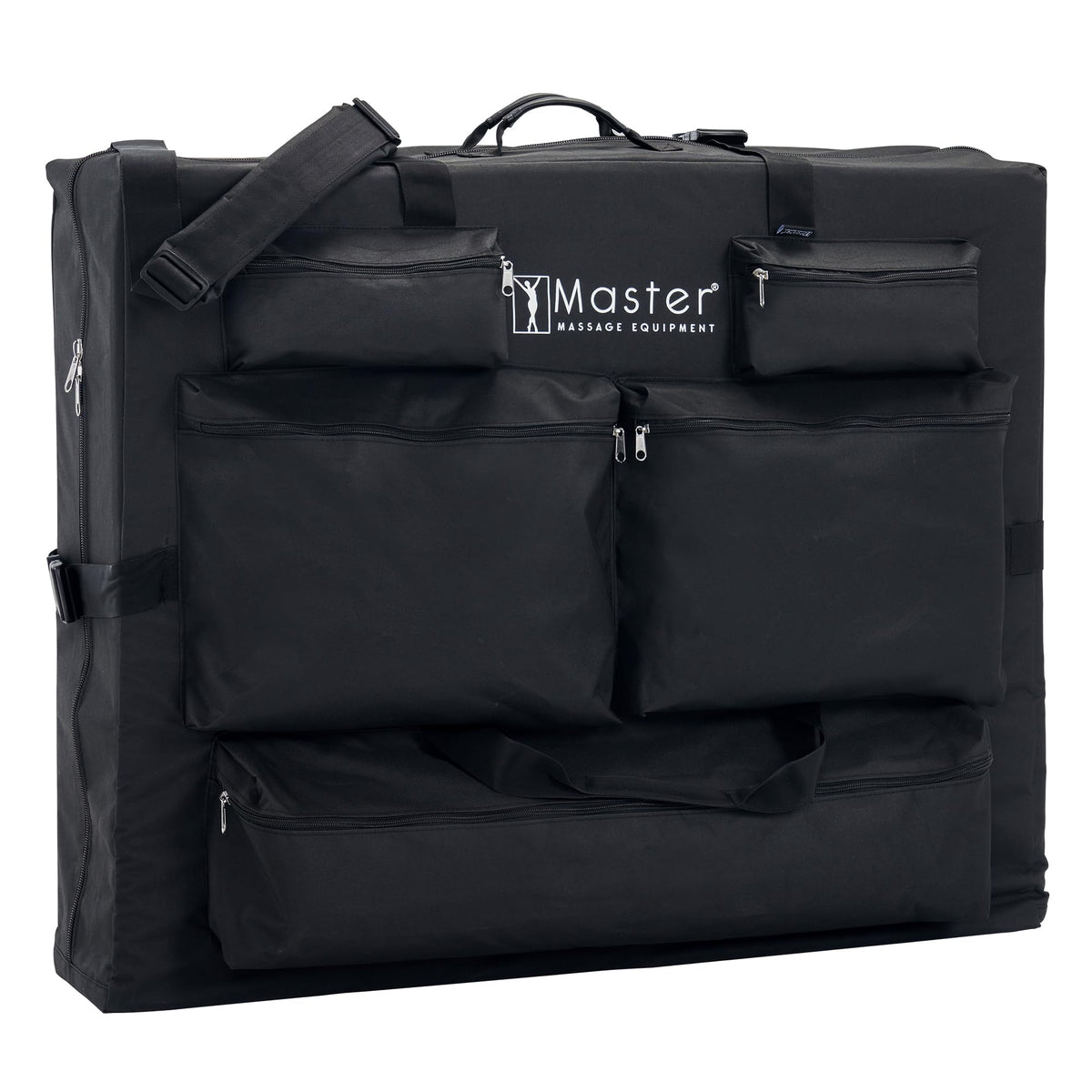 Adjustable straps and nylon buckles secure the table during travel.
