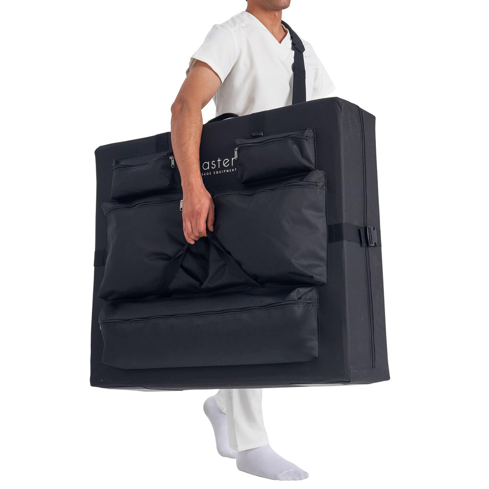 Master Massage carry case shows universal fit design for various tables and easy transport.