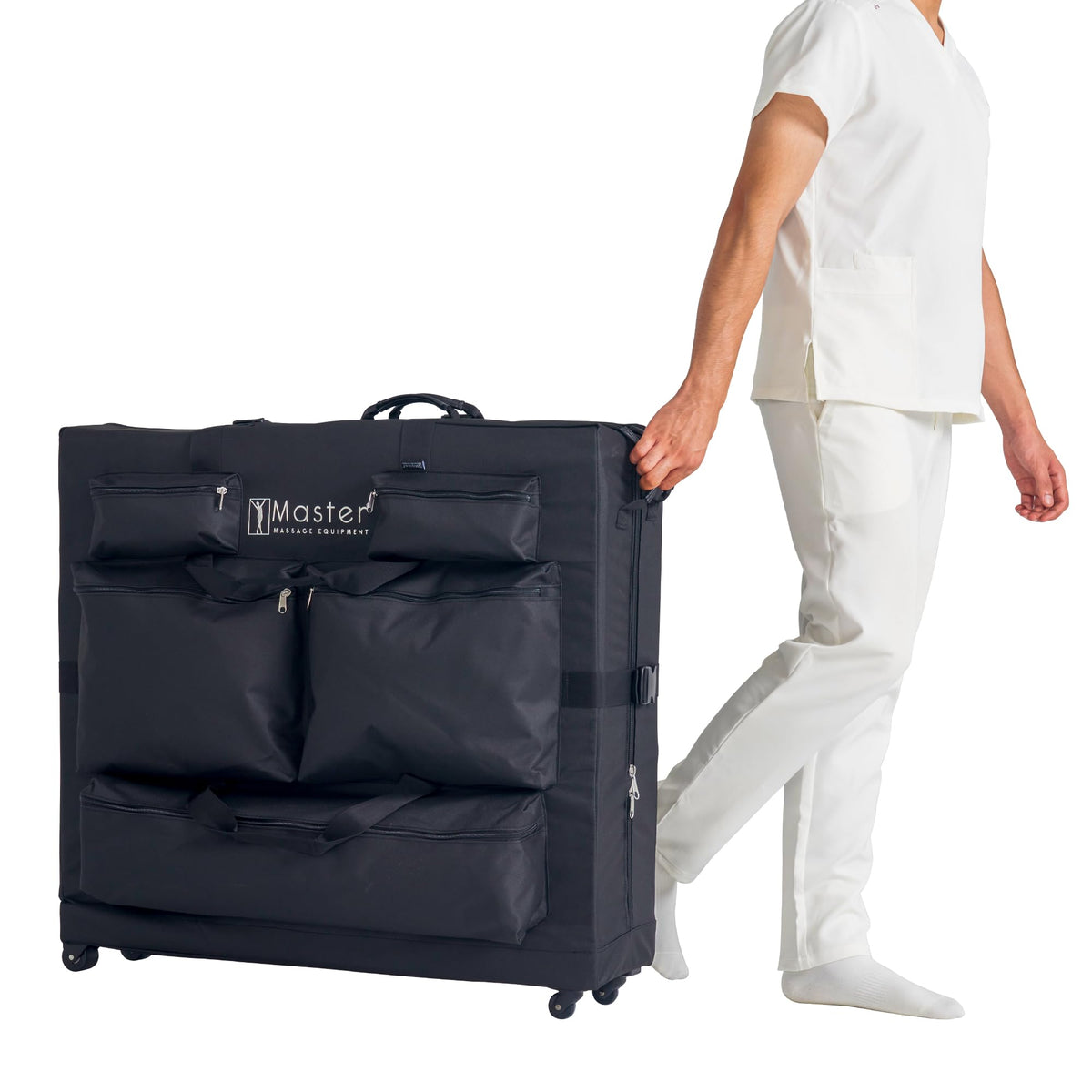 Master Massage luggage-style case with rolling wheels for effortless transport.