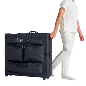 Master Massage luggage-style case with rolling wheels for effortless transport.