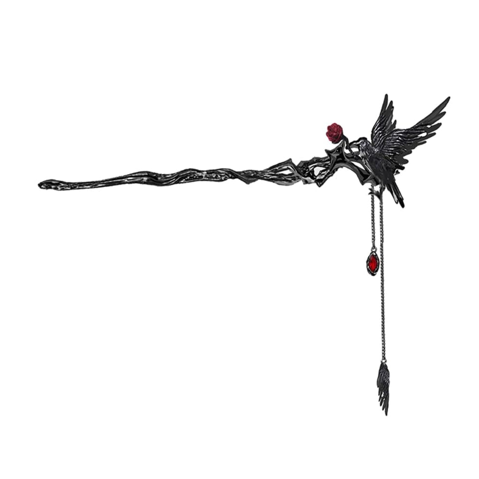 MASW Goth Crow hairpin long shown on a model for bold daily wear and events