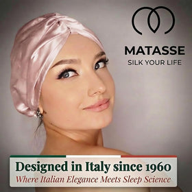 MATASSE bonnet showing 22 momme Grade 6A mulberry silk quality