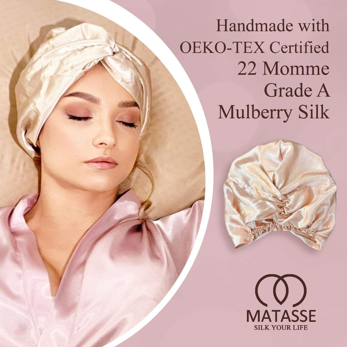 MATASSE silk bonnet shown in bathcare scenario for skincare protection