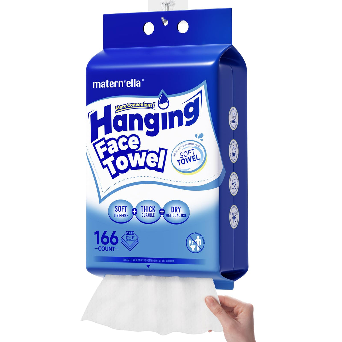 Matern'ella hanging dry wipes 166-count pack for easy storage and cleansing routines.