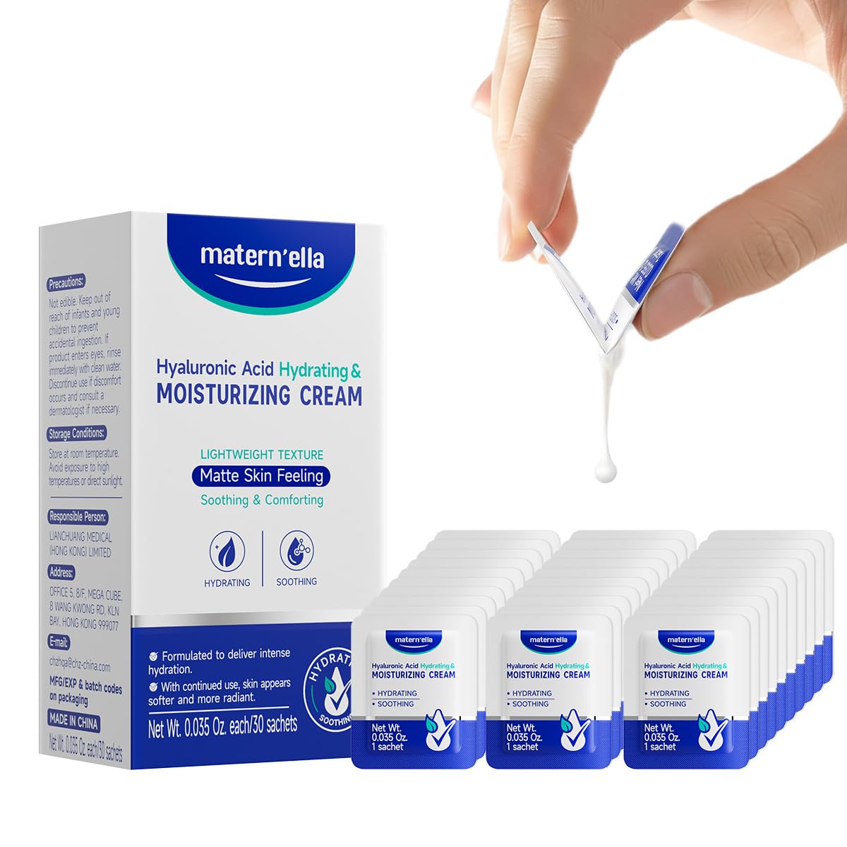 Maternella facial moisturizer bottle showing 4D hyaluronic acid hydration for lasting moisture