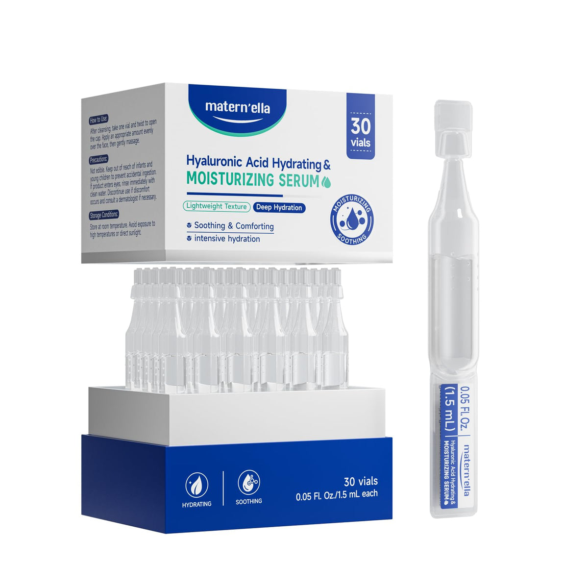 Matern'ella Hyaluronic Serum 30-vial packaging for portable daily hydration.