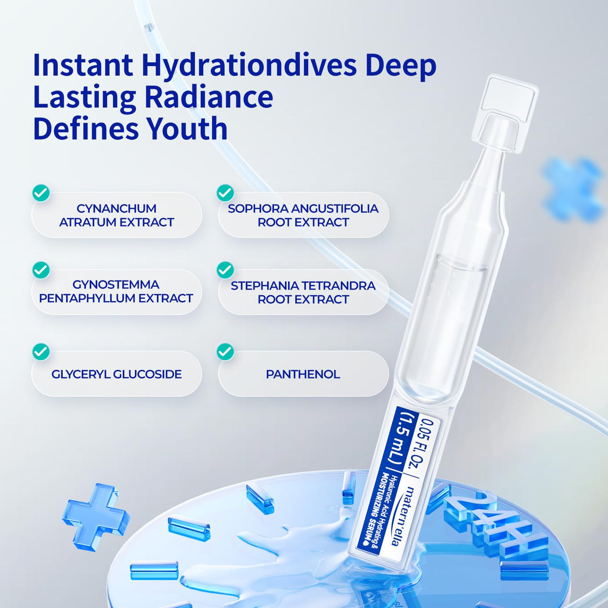 Matern'ella Hyaluronic Serum ingredients matrix highlights 4D hydration components.