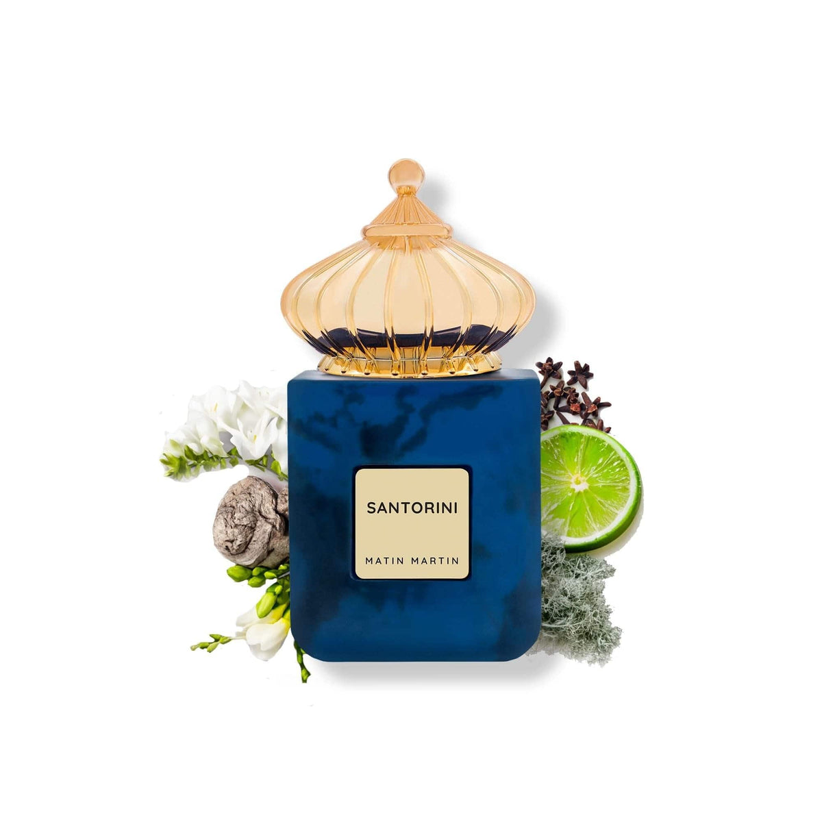 Matin Martin Santorini bottle angled close-up highlights the fragrance's depth and shine