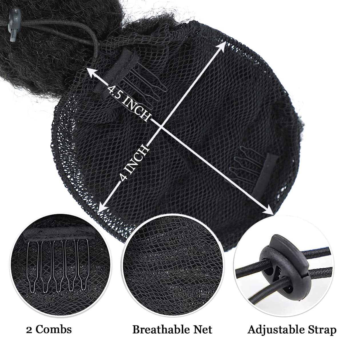 Matriarchs clip-on ponytail with 18 combs and adjustable strap for secure hold.
